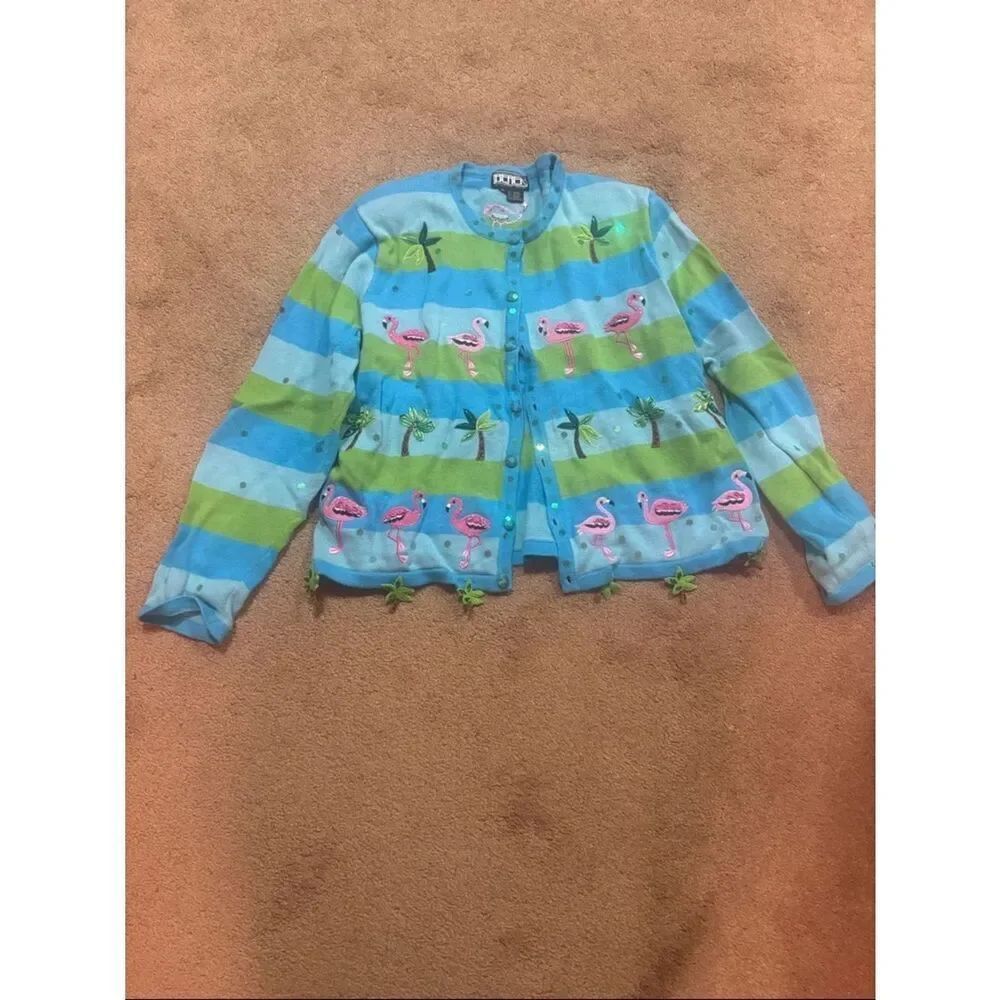 Vintage striped Flamingo Embroidered Cardigan - Blue & Green